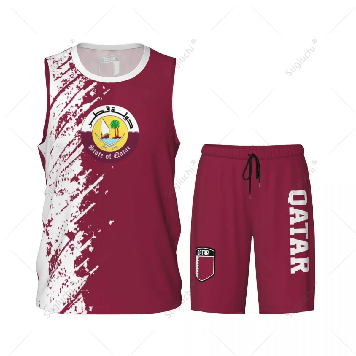 Qatar Flag Grain Men Basketball Set Shirt & Pants Sleeveless