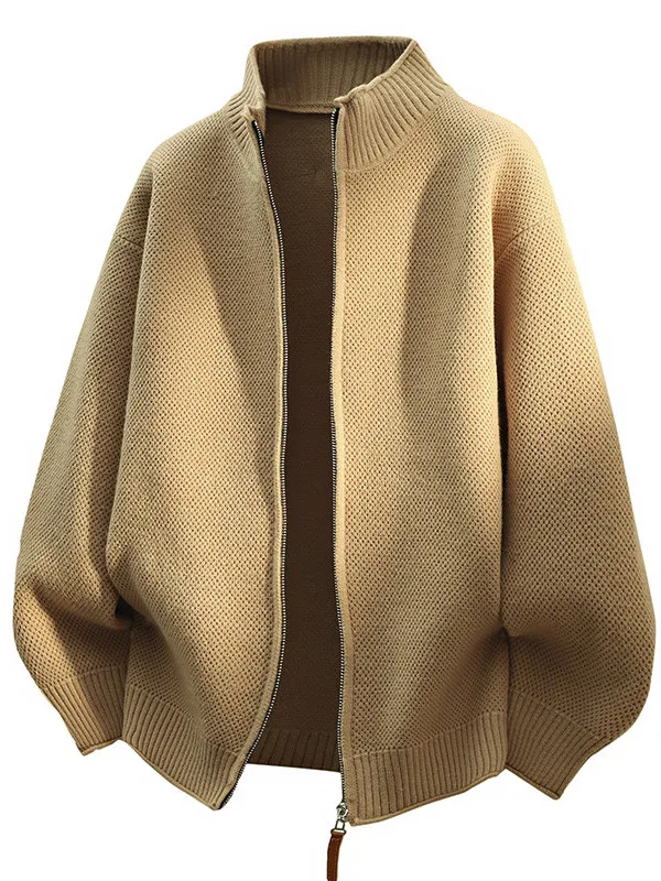 

Открытый кардиган цвета хаки, мужской ленивый кардиган, весенне-осенний вязаный тюнер с воротником-стойкой, свободный крой из полиэфирного волокна, молодежный Vitali