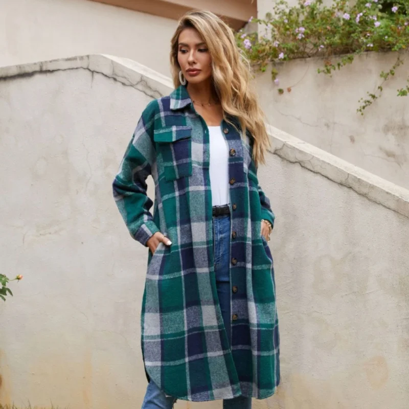 

Women's Autumn & Winter casual wool plaid lapel trench coat outwear office lady side split loose long jacket