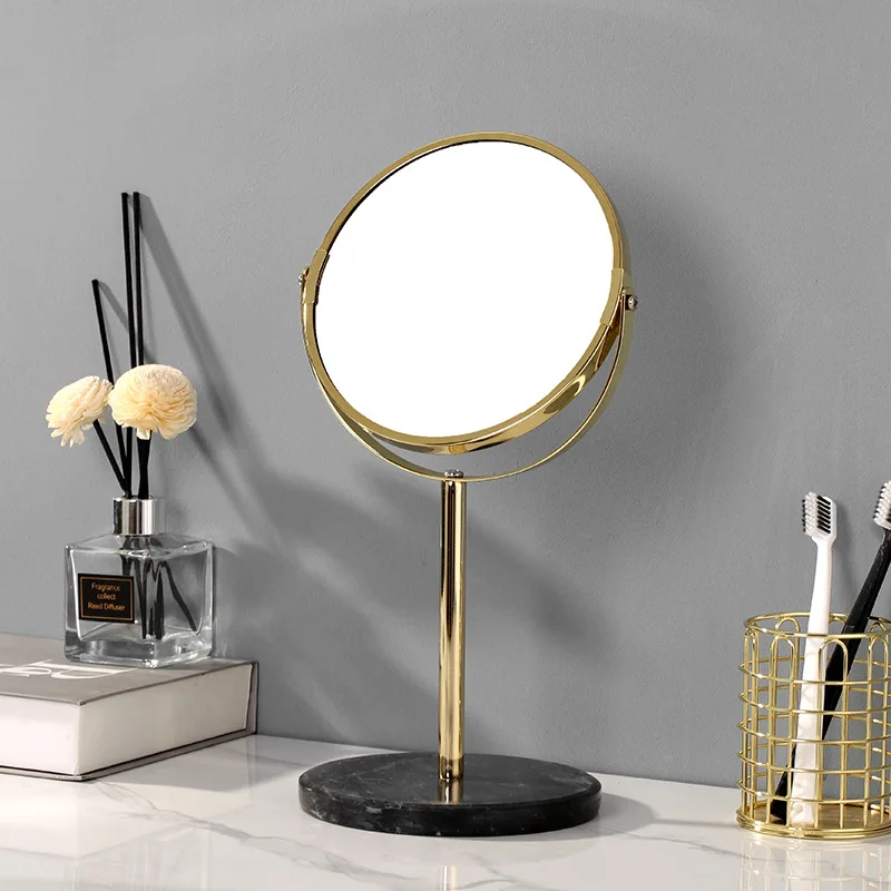 Natural Marble 360 Rotating Makeup Vanity Mirror Golden Desktop Double Sided 2X Magnifier Stand Bathroom Accessories