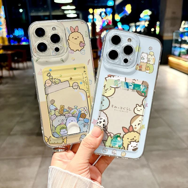 Japan S-Sumikkogurashi Phone Case for iPhone 11 12 13 14 15 16 Pro Max Plus X XS XR Mini Cute Cartoon Card pocket Cover Cases