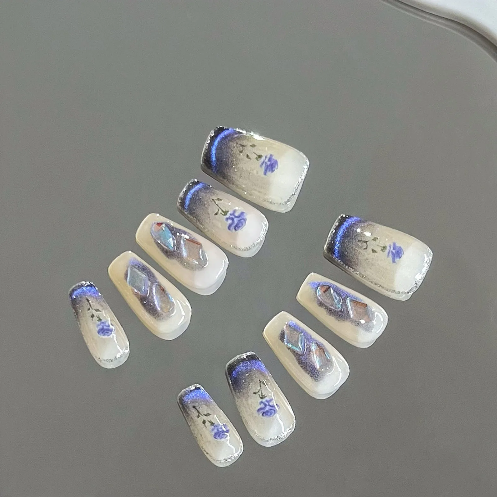 Press on Nails Square Fake Nails Purple Hand Painted Flowers False Nails for Nail Art Starter Beginners