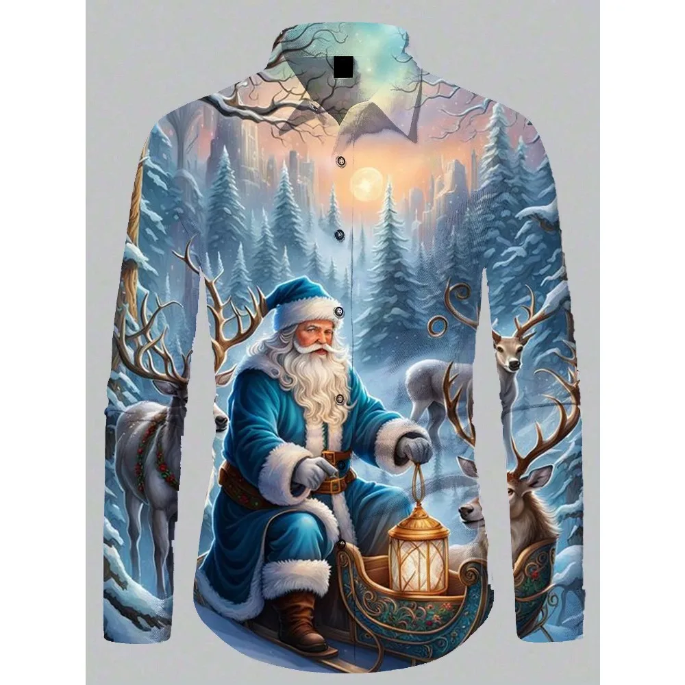 Męska koszula z długim rękawem Casual Fashion Santa Claus Printed Shirt 3d Design Męska koszula z klapą z długim rękawem New Year Gift Top