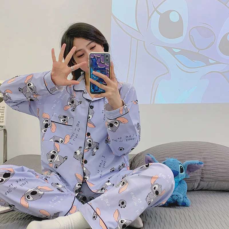 Versatile Casual Cartoon Stitch Sleepwear Women\'s Spring and Autumn Long Sleeved Two-piece Set Pijama Pajama Sets Pyjamas Sleep