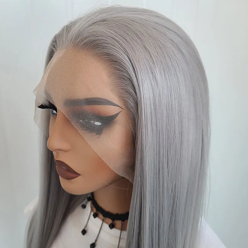 

Silver Grey Straight Synthetic 13*4 Lace Front Wig High Quality Heat Resistant Fiber Hair Natural Hairline For Fashion Women Use