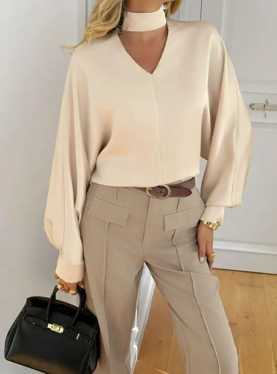 

Women's Chiffon Shirt Summer New Style French Temperament Elegant and High-End Silk Satin V-Neck Lantern Sleeve Chiffon Shirt