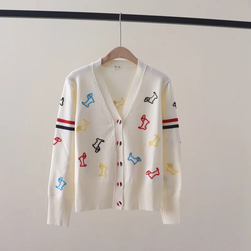 Autumn and Winter New Preppy Style Double Sleeve Ribbon Full Body Color Puppy EmbroideryVCollar Long Sleeve Knitted Cardigan Jac