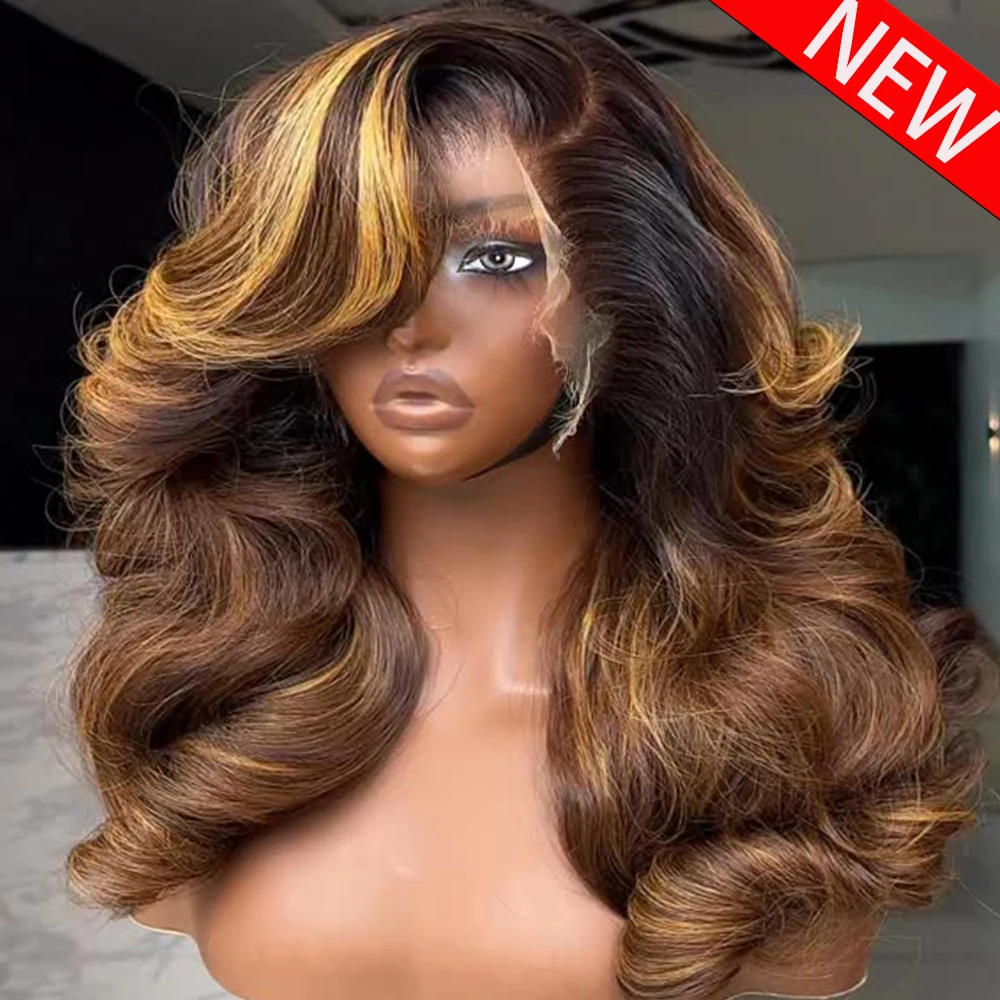 Highligh Colored 4x4/13x6 HD Lace Frontal 450 Density Wigs Preplucked Human Hair Bouncy Curly Glueless Wig Ready To Go 3032 Inch
