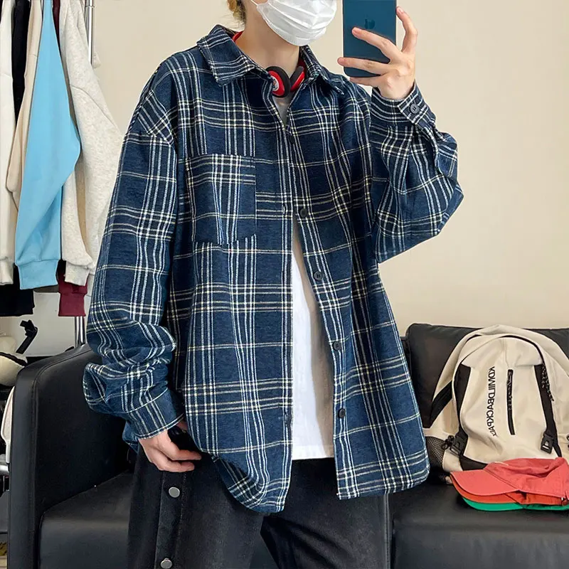 Autumn Winter Men\'s Chenille Plaid Shirts Oversized Casual Thick Overshirt Check Single Pocket Long Sleeve Blouse Boy Student