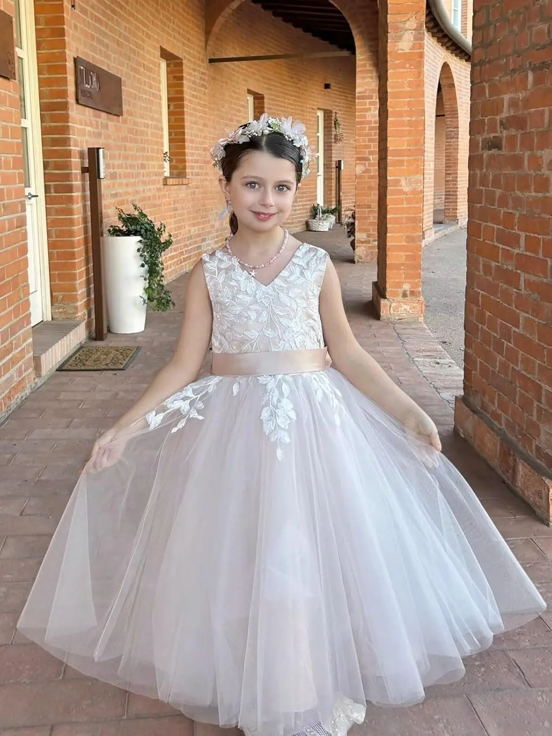 Vestido floral para meninas, casamento, comprimento do chá, renda, apliques, tule, princesa, crianças, aniversário, concurso, festa, com laço