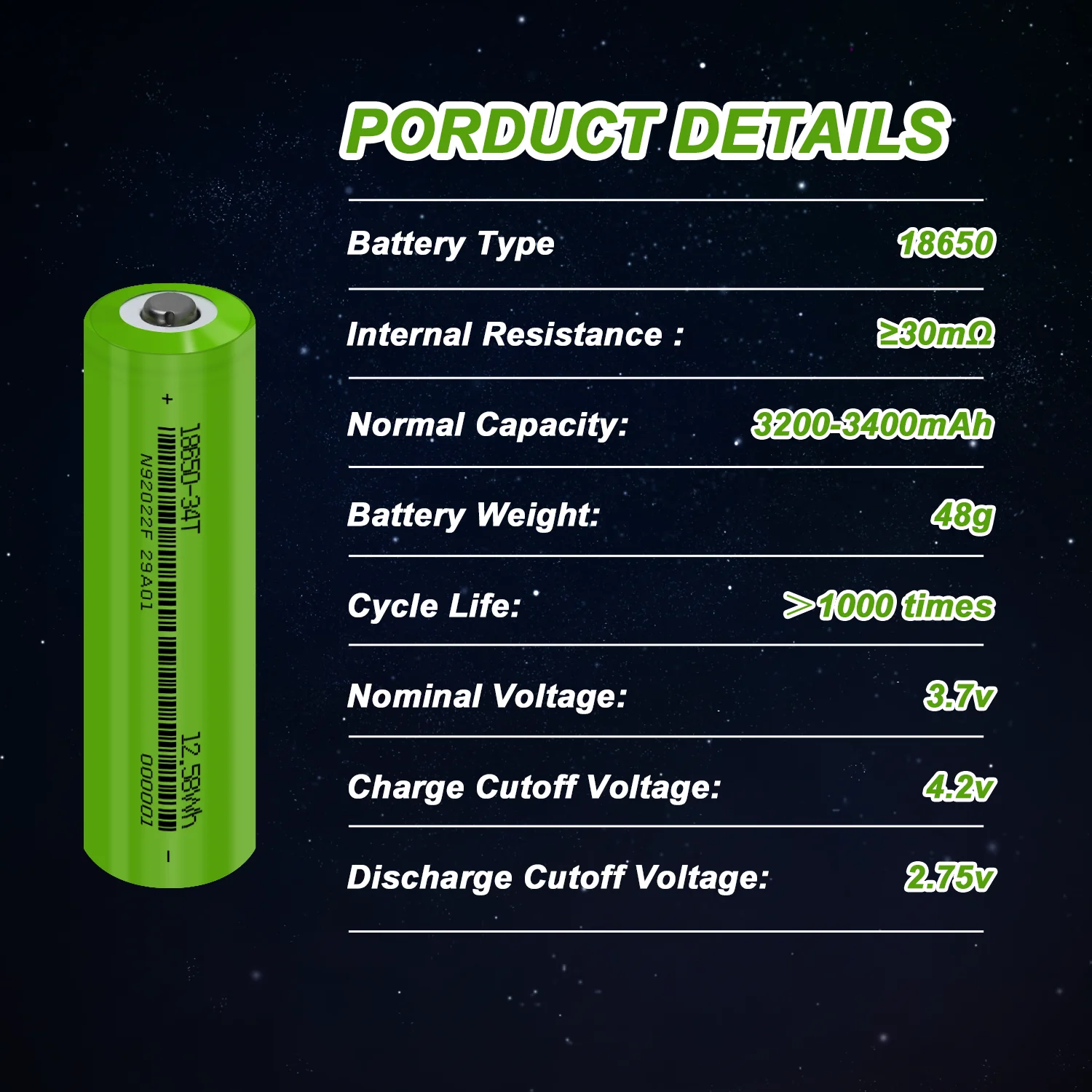 Bateria de Alta Capacidade para Lanterna, Original, Lítio, Recarregável, 18650, 3.7V, 3400mAh, Fit, Novo