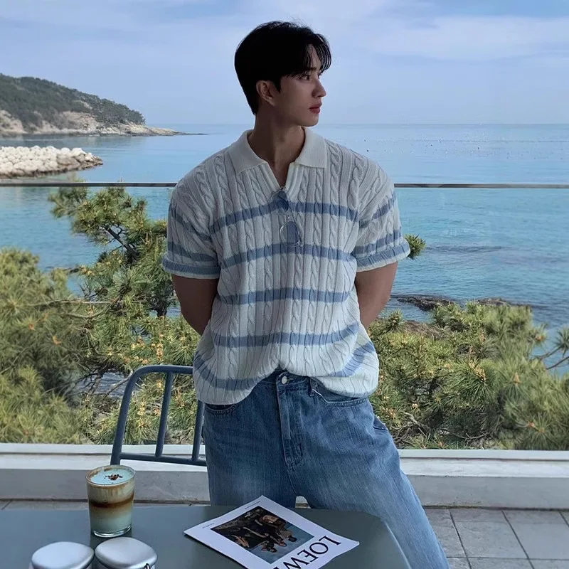 

Summer White Coarse Knit Shirt Short Sleeve Top-Shirt Unique Design Loose American Style Men'S Clothing