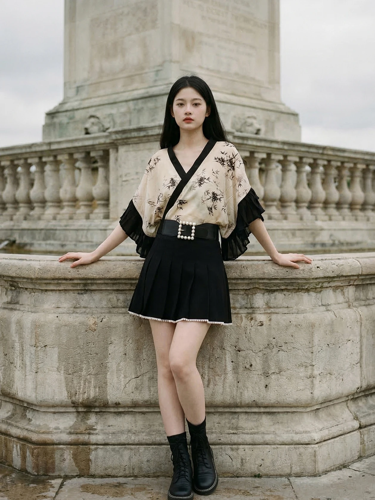 XiaoLu Water Original Design Hanfu Women's Autumn Inner Wear Right Slant Collar Forest Scenery Short Sleeve V-neck Top