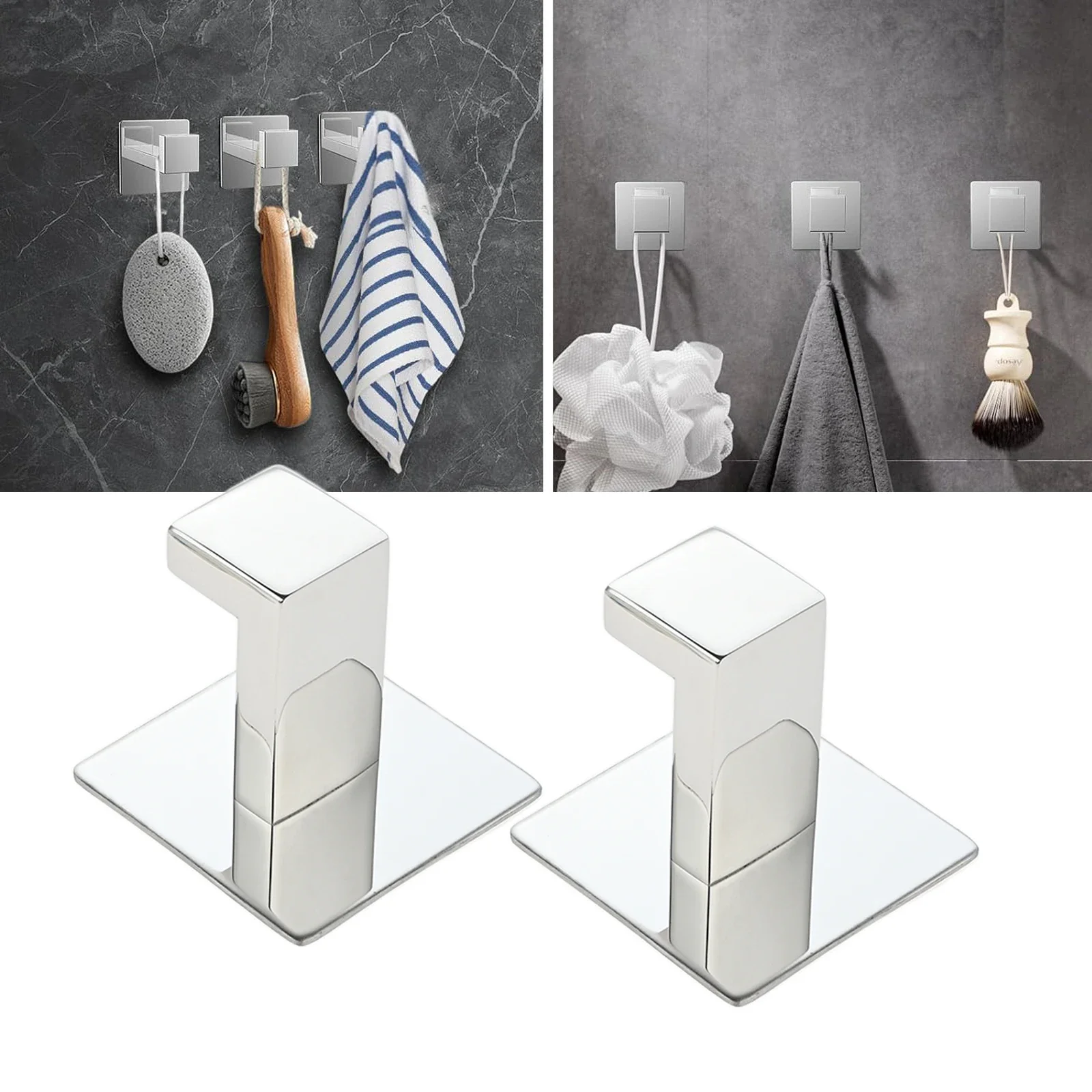 2pcs Stainless Steel Square Hook No-screw No-drill Easy Install Self-adhesive Bathroom Kitchen 54mm/2.12Inch Black Golden Silver