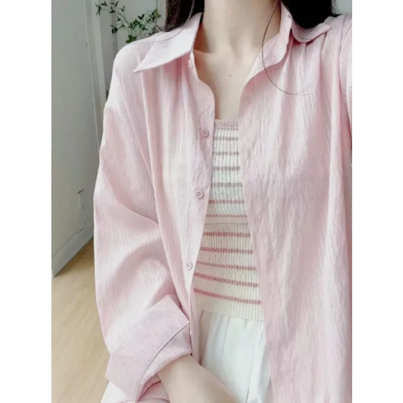

Summer Loose Korean Style Long Sleeve Sun Protection Shirt Thin Casual Outerwear Top Button up Casual Shirt for Women