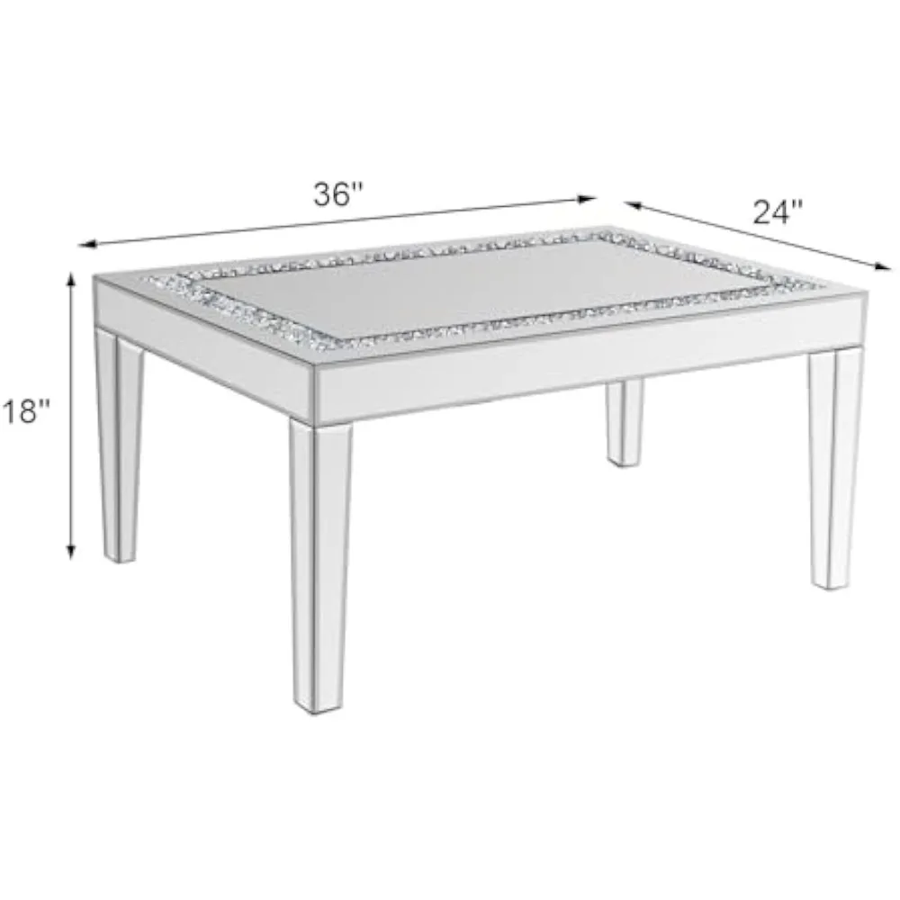 Mesa de centro espelhado prata com cristal embutimento, mesas de chá com acabamento espelhado, mesa central moderna, 24 "D x 36" W x 18 "H