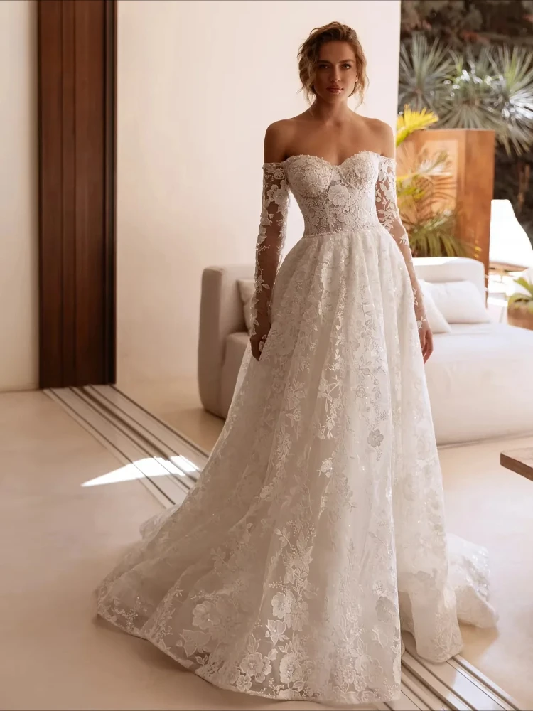 

Lace Wedding Dresses Long Sleeves Pearls A-Line Bridal Gownscustomized Off Shoulder Vestidos Novias Boda