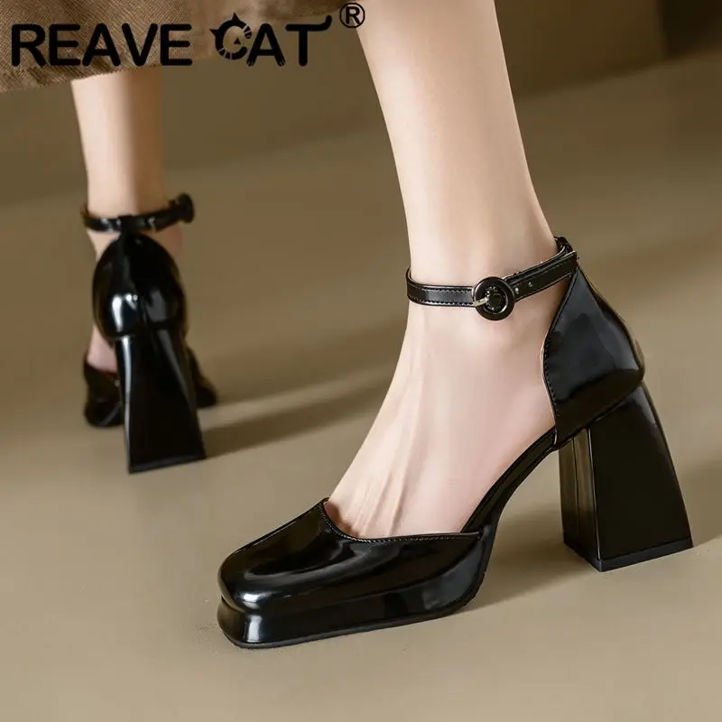 REAVE CAT Brand Women Pumps Toe Block Heels 9cm Buckle Strap Big Size 45 46 Janes Elegant Party Shoes 32 33