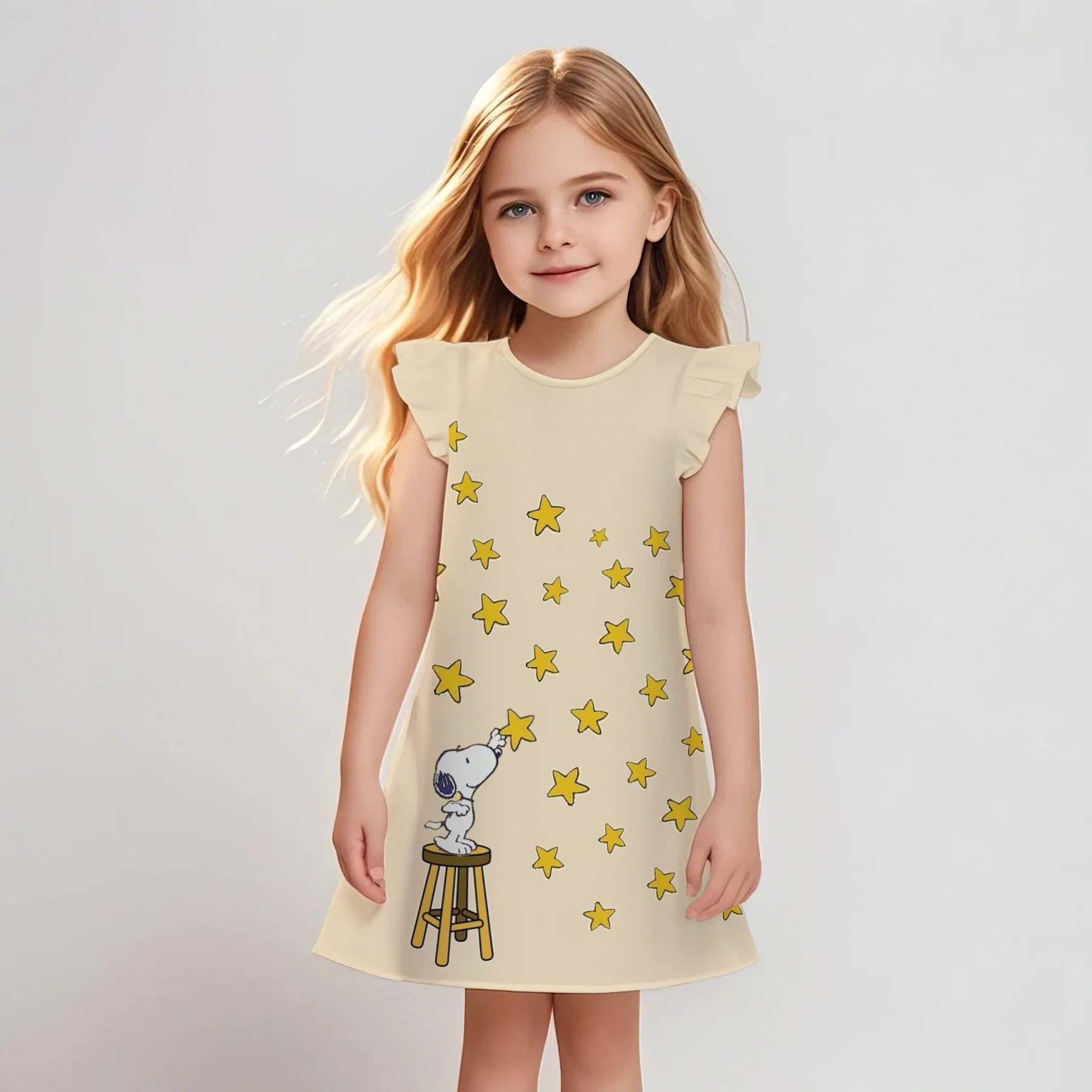 

2025 Children's Girl Summer New Snoopy 3D Printed Girl Flying Sleeve Cute Short Sleeve Dress Children's Casual Dress