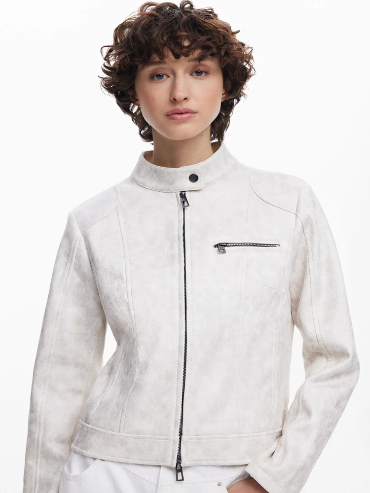 

Mechanic Sle Spliced Zipper Jaet ort Coat Tee Colors Small Stand Collar Women's Faion Polyester Nylon Cosite Fiber