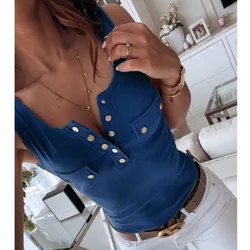 Metal Button Slim Tank Top Women Sexy Round Neck Sleeveless T-Shirt Summer Every Day Solid Top