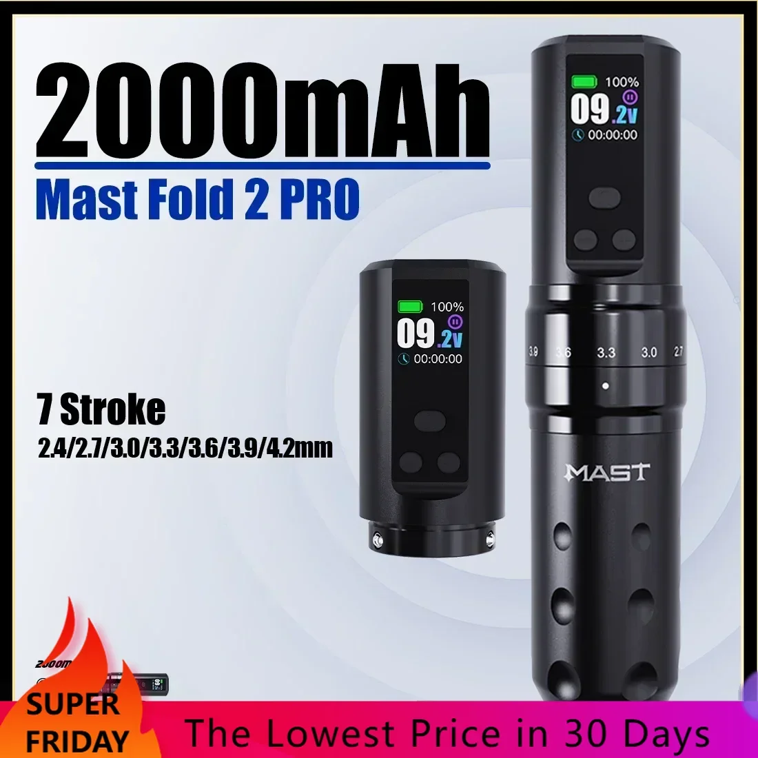 Mast Fold 2 PRO Adjustable 7 Strokes Coreless Motor Color Screen Large Battery Capacity Wireless Tattoo Machine Pen Supply