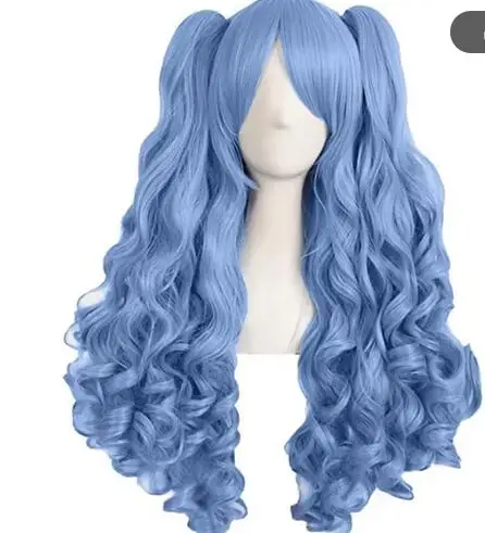 Women 70cm Long Blue Mixed Pink Wavy Braided 2 Ponytails Synthetic Party Cosplay Wig 30 Colors Available