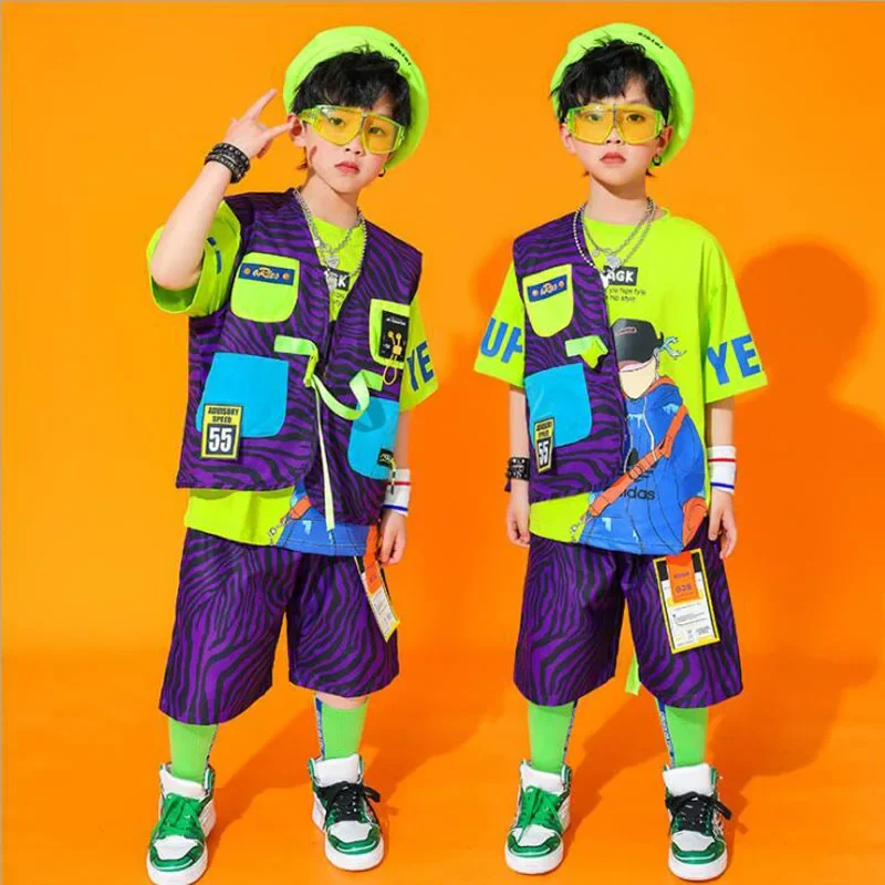 Kids Ballroom Hip Hop Show Clothing Sleeveless Jacket Top Tactical Cargo Pants Shorts for Singers Girls Boys Dance Wear Costume