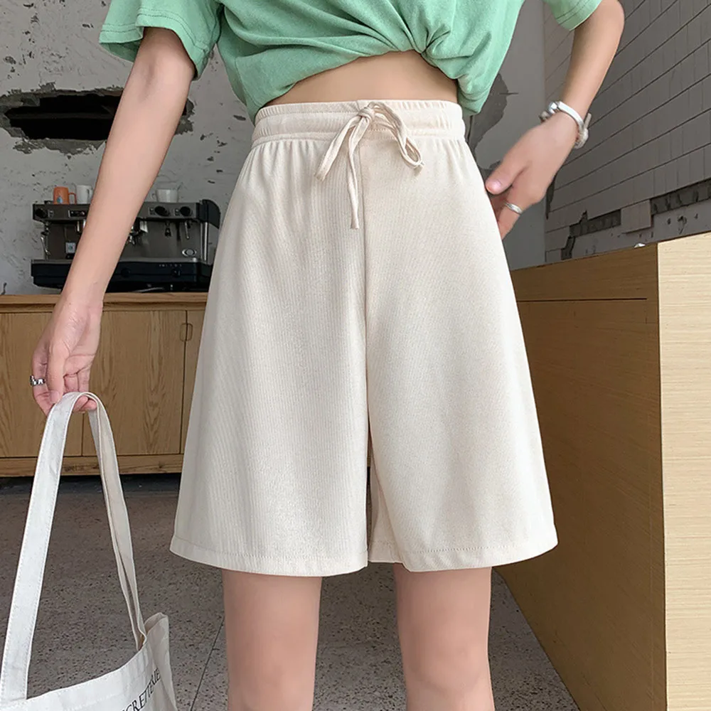 Summer Solid Color Shorts Casual High Waist Beach Pants Loose Lace-up Half Pants Sports Shorts Women Elastic Waist Bottoms