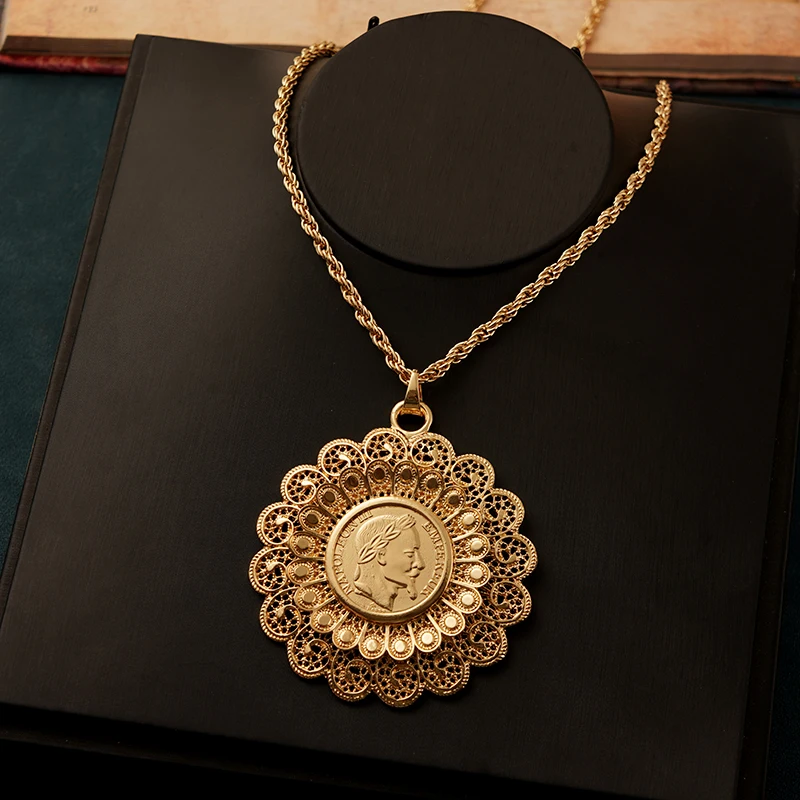 Round Flower Shape Coin Pendant for Women Algerian Wedding Necklace 60cm Long Chain Napoleon Figure French Coin Jewelry