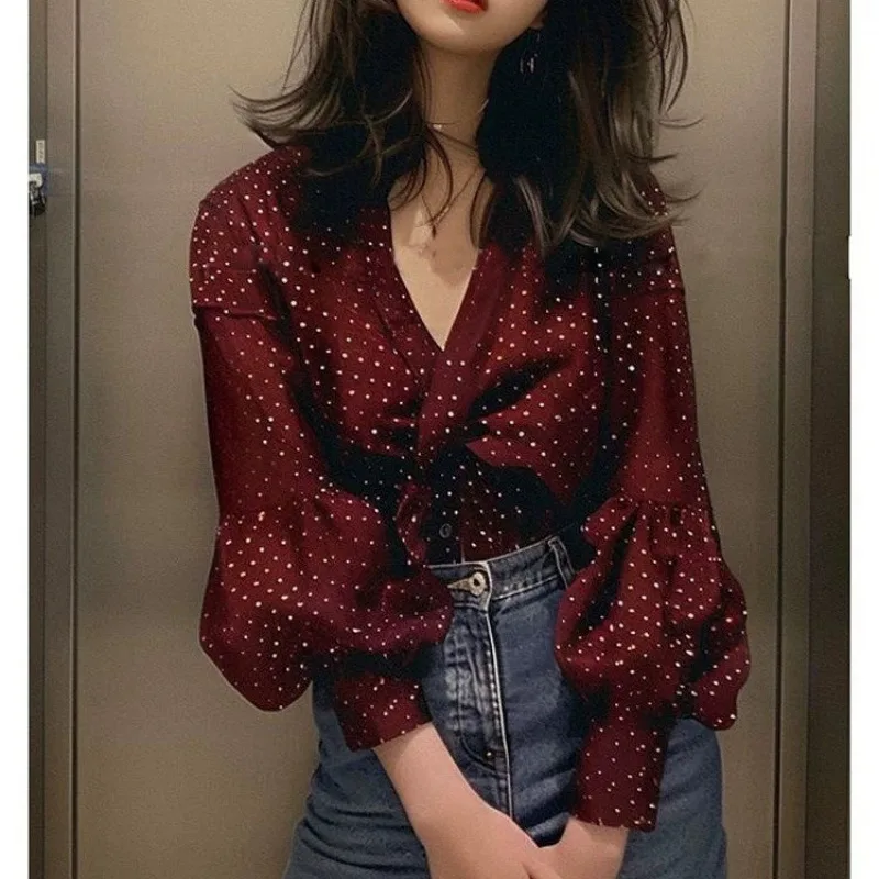 

Beautiful Foreign High-end Chic Shirt Burgundy Polka Dot Lantern Sleeves Long Sleeves