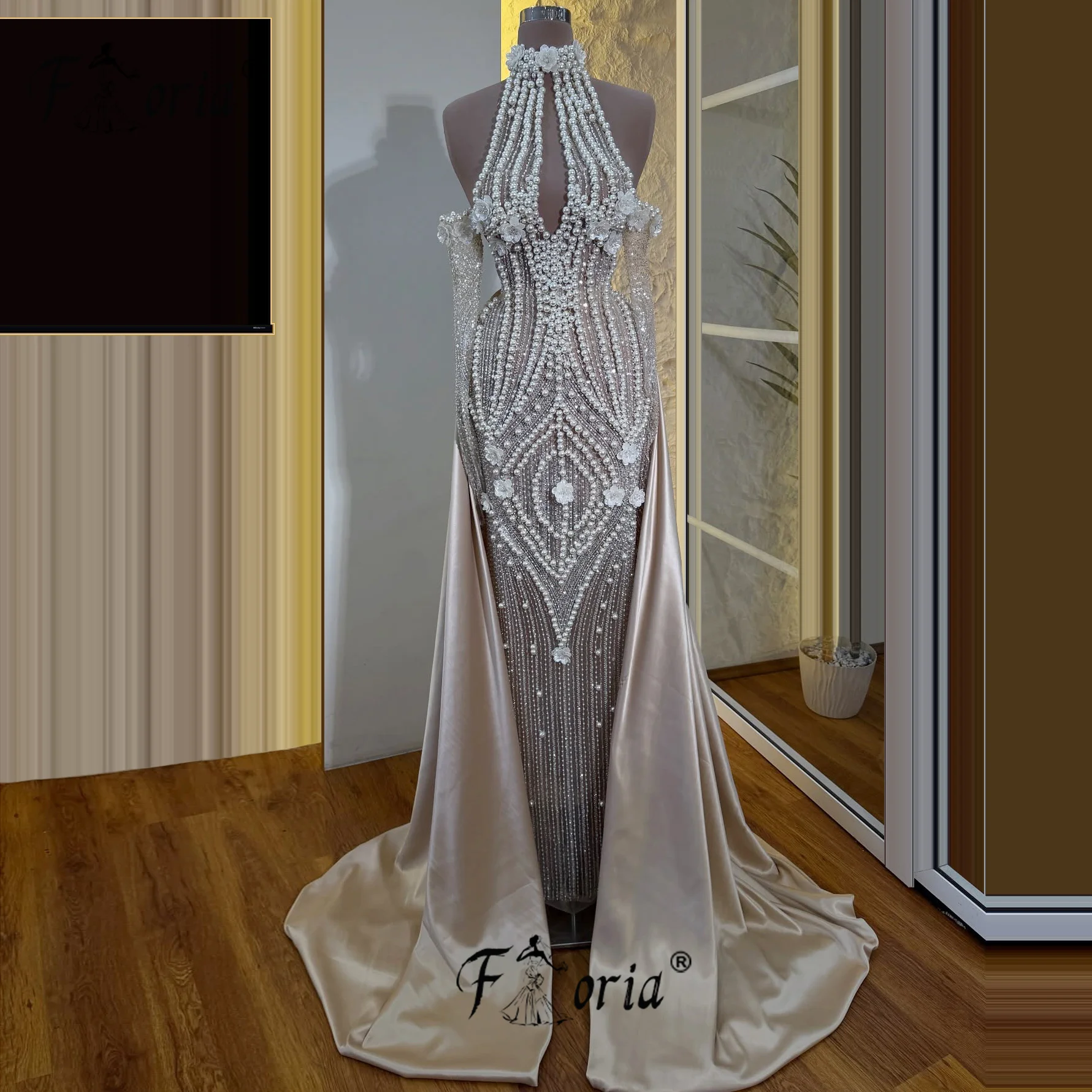 

Elegant Full Beads Mermaid Evening Dress with Detachable Overskirt Champane Flowers Pearl Dubai Prom Dress 2025 Robe De Soiree