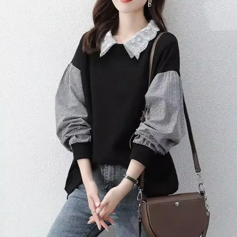

Women's Gray Sweatshirt Lace Collar Plaid Puff Sleeve Contrast Patchwork Casual Loose Long Sleeve Top