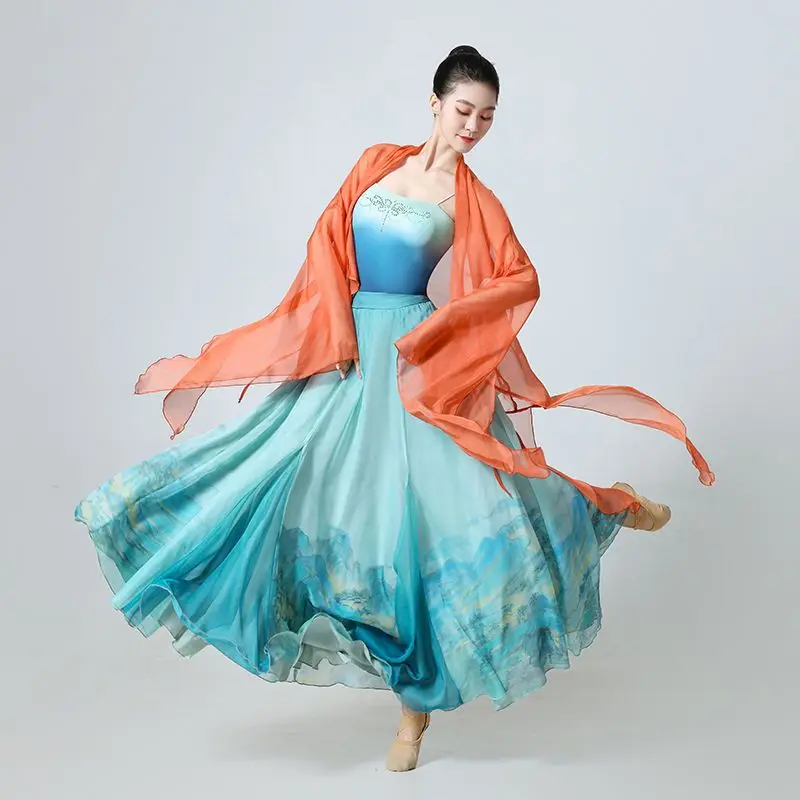 Chinese Style Folk Dance Dress Classical Dancer Performance Costumes Elegant Practice Clothes Chinese Chiffon Dnace Costume
