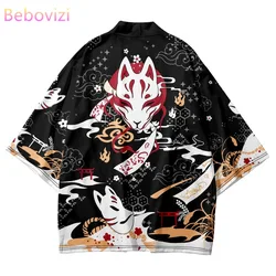 Japanese Inari God Fox Print Black and Red Kimono Cardigan Cosplay Shirt Blouse for Women Men Yukata Beach Haori Traditional Top