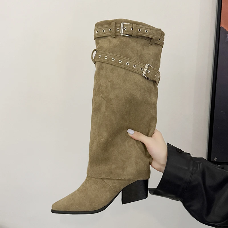 

Vintage Pointed Toe Thick Heel Women Mordern High Boots Fashion Belt Buckle Stripper Party Pipe Booties Zapatos De Mujes