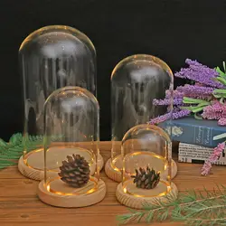 Tabletop Display Glass Cover Terrarium Container Decor Dry Flower Ornaments Craft Bell Jar Wood Base with Feet LED Light Holder