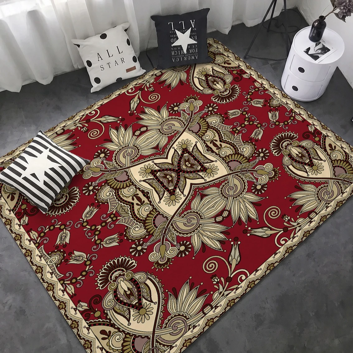 Soft Flannel Living Room Rug Vintage Paisley Mandala Area Rug Navy Blue Non Slip Bedroom Carpet Large Washable Home Decor Mat