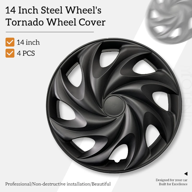 

14-дюймовые колпаки Tornado, универсальные черные колпаки на колеса для автомобилей, набор из 4 стальных колпачков ступицы, сменные колпаки для шин R14