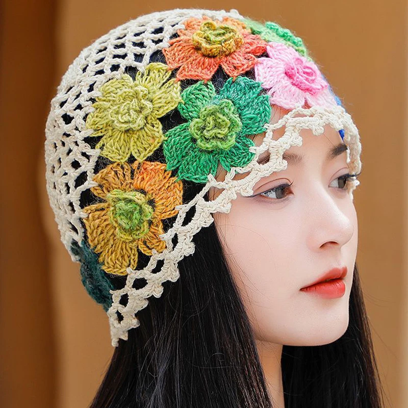 Ethnic style women's hats for spring and summer, new artistic and colorful flower hollow pattern caps, knitted woolen hats, melo