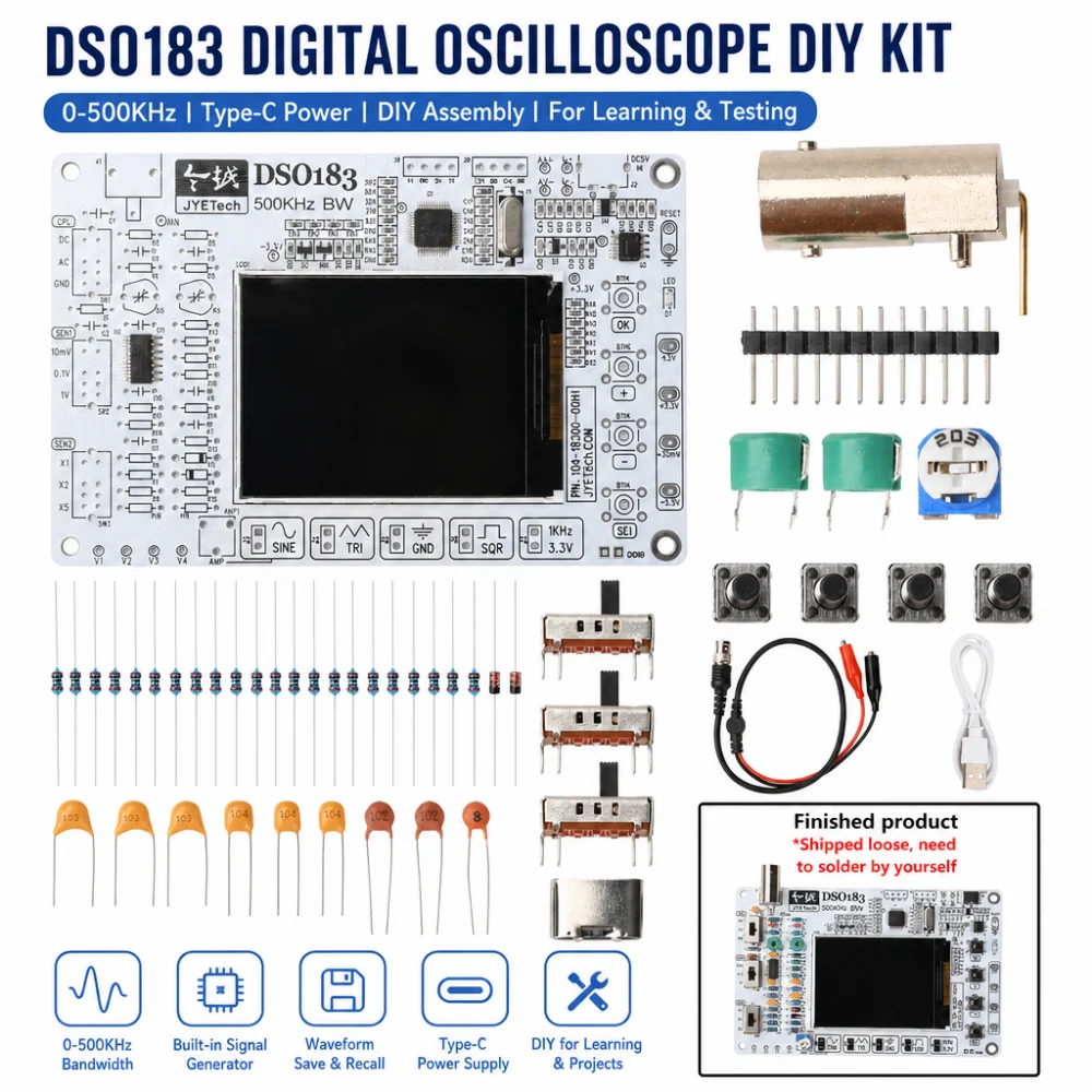 DSO183 5V DC Digital Oscilloscope DIY Kit, 0–500 kHz Oscilloscope Electronics Construction Soldering Kit, Type-C Connector