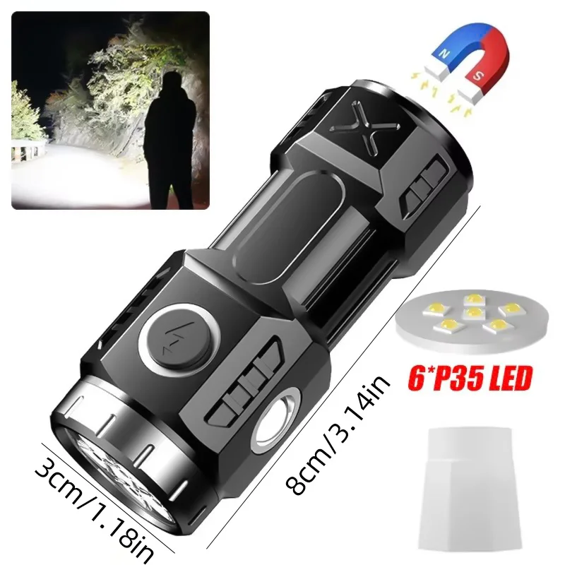 New super flashlight 6/8*P35 LED mini super bright flashlight USB rechargeable waterproof magnet outdoor camping emergency light image 6