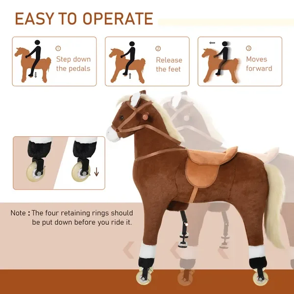 子供用乗馬玩具、簡単に動く車輪付き、柔らかく抱き心地の良い体、5歳から16歳までの子供向けの大きなサイズ、ブラウン