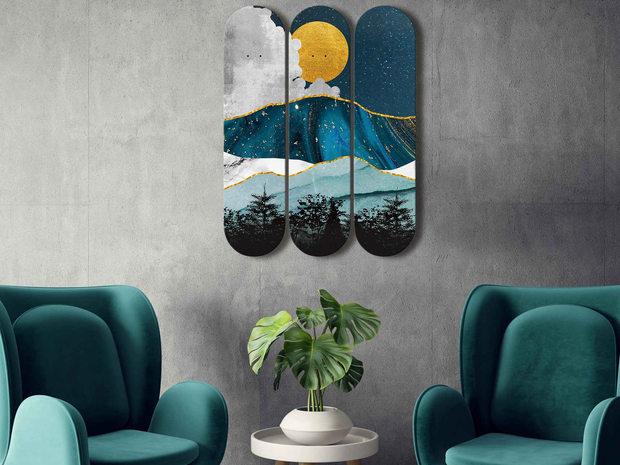 Set of 3pcs Abstract Landscape Skateboard Wall Art 7-layer Maple Decoration Skateboard Furnish and Decorate for Home Decor