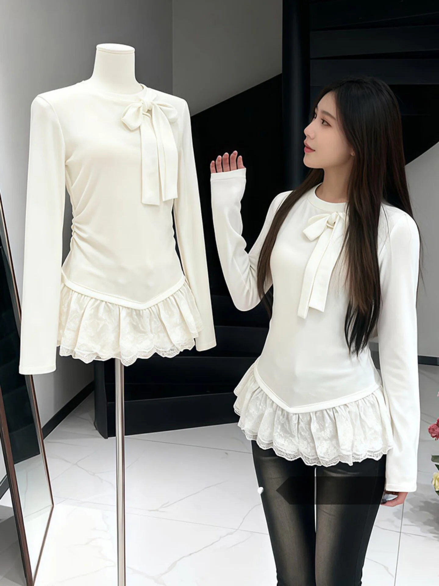 Koreanisches Sle Long Sve T-Shirt Damen Slim Fit Inner Wear Base Irt Boting Top Weißes Spitzensaum-Design Lässige Alltagskleidung