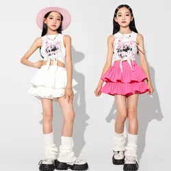 Girls Jazz Dance Costume Kids Cheerleading Performance Practice Clothes White Tops Pink Skirt Teenagers Hip Hop Dance Outfits