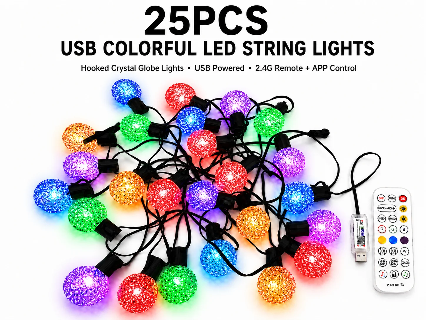 25PCS USB RGB LED String Lights 6M Crystal Globe Fairy Lights with Hooks APP 2.4G Remote Control for Patio Camping Party