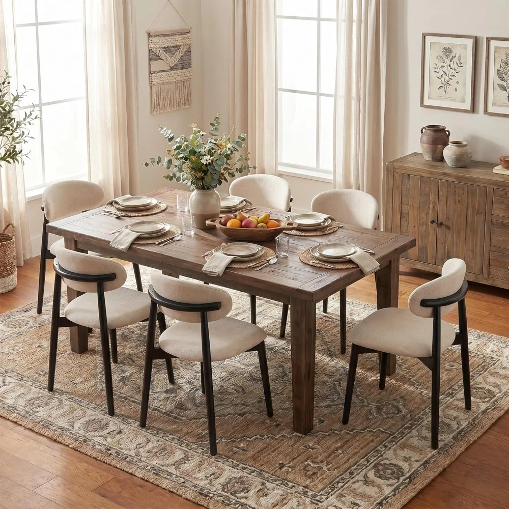 Wooden Dining Chairs Set of 6, Modern Farmhouse Linen Fabric Upholstered Kitchen Chairs with Curve Back, Mid-Century, Custom