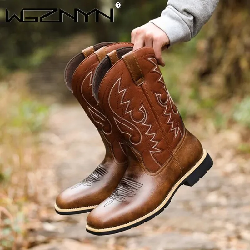 

Luxury Men Western Cowboy High Tube Embroidered Boots Punk Man Knight Boot Retro Wide Headed Leather Shoes for Men Spring Autumn