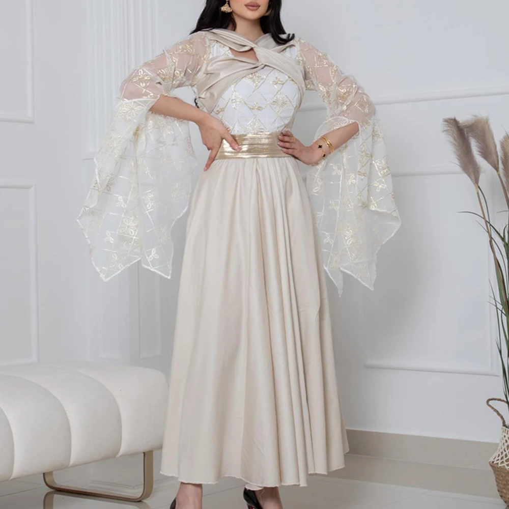 

Customized Fashion A-Line Ankle Length V-Neck Jersey Half Sleeves Pleats Evening Dress Classic Photo Color vestidos para mujer